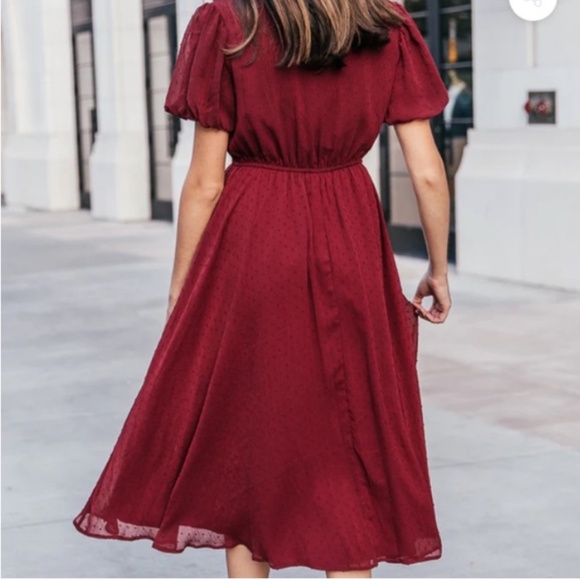 Jessakae burgundy Highbury elegant dress with puffed sleeves and front buttons - Picture 3 of 11